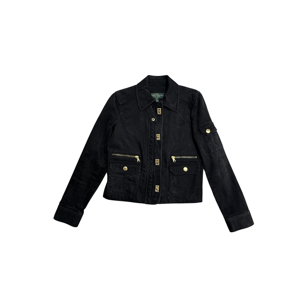 Lauren Ralph Lauren Jacket Womens Petite Small Black Military Denim Zip Pockets